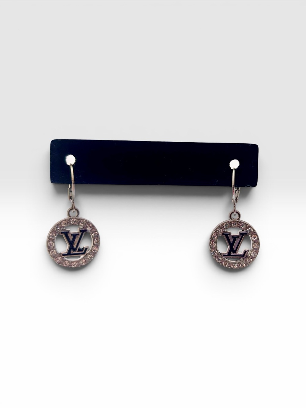 LV Silver Rhinestone Circle Drop Earrings with Black LV Center